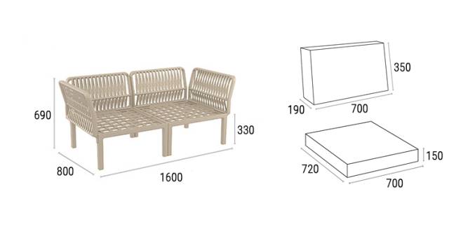 Диван пластиковый двухместный с подушками Portofino Lounge бежевый, темно-серый 1600х800х690 мм Диван пластиковый двухместный с подушками Portofino Lounge бежевый, темно-серый 1600х800х690 мм