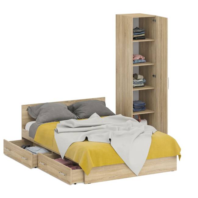 Двуспальная кровать с ящиками 1400 с пеналом Стандарт цвет дуб сонома
