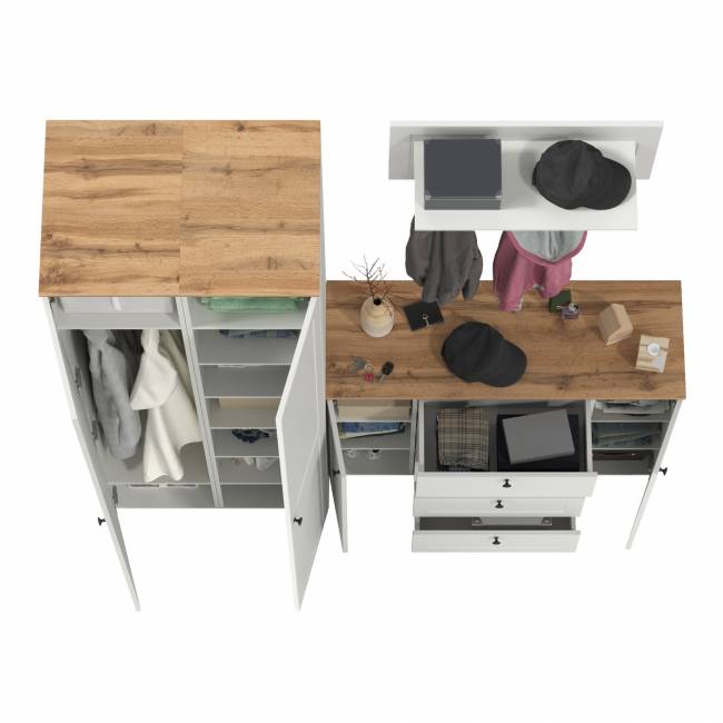 Большой комод две дверки четыре ящика с вешалкой с полкой и два шкаф-пенала Остин цвет белый шагрень/дуб крафт золотой Большой комод две дверки четыре ящика с вешалкой с полкой и два шкаф-пенала Остин цвет белый шагрень/дуб крафт золотой