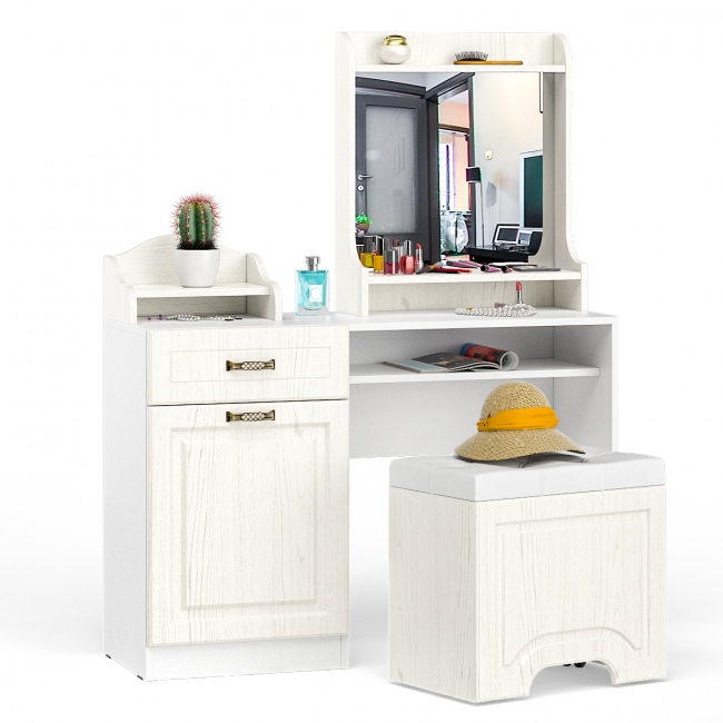 Стол туалетный с пуфом, с зеркалом и настольной полкой Ливерпуль цвет ясень ваниль/белый Стол туалетный с пуфом, с зеркалом и настольной полкой Ливерпуль цвет ясень ваниль/белый