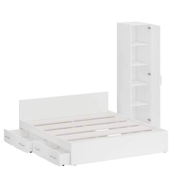 Двуспальная Кровать белая с ящиками 1800 с пеналом Стандарт цвет белый