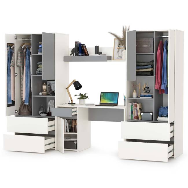 Стол компьютерный с двумя шкафами и навесной полкой Торонто цвет белый шагрень/стальной серый Стол компьютерный с двумя шкафами и навесной полкой Торонто цвет белый шагрень/стальной серый