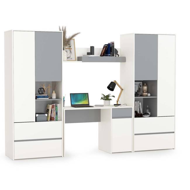 Стол компьютерный с двумя шкафами и навесной полкой Торонто цвет белый шагрень/стальной серый Стол компьютерный с двумя шкафами и навесной полкой Торонто цвет белый шагрень/стальной серый