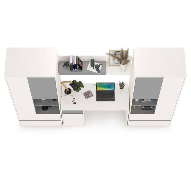 Стол компьютерный с двумя шкафами и навесной полкой Торонто цвет белый шагрень/стальной серый Стол компьютерный с двумя шкафами и навесной полкой Торонто цвет белый шагрень/стальной серый