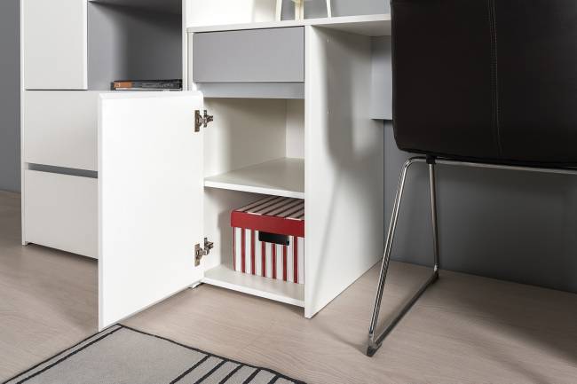 Стол компьютерный с двумя шкафами и навесной полкой Торонто цвет белый шагрень/стальной серый Стол компьютерный с двумя шкафами и навесной полкой Торонто цвет белый шагрень/стальной серый