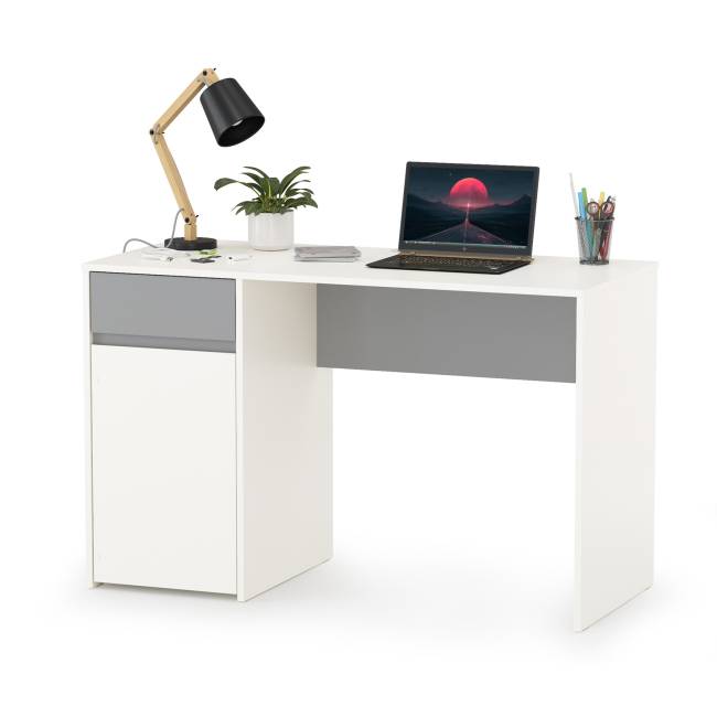 Столы компьютерные Торонто для двоих детей с полками и шкафом цвет белый шагрень/стальной серый Столы компьютерные Торонто для двоих детей с полками и шкафом цвет белый шагрень/стальной серый