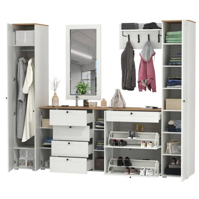 Стенка в прихожую Остин № 58 цвет белый шагрень/дуб крафт золотой Стенка в прихожую Остин № 58 цвет белый шагрень/дуб крафт золотой