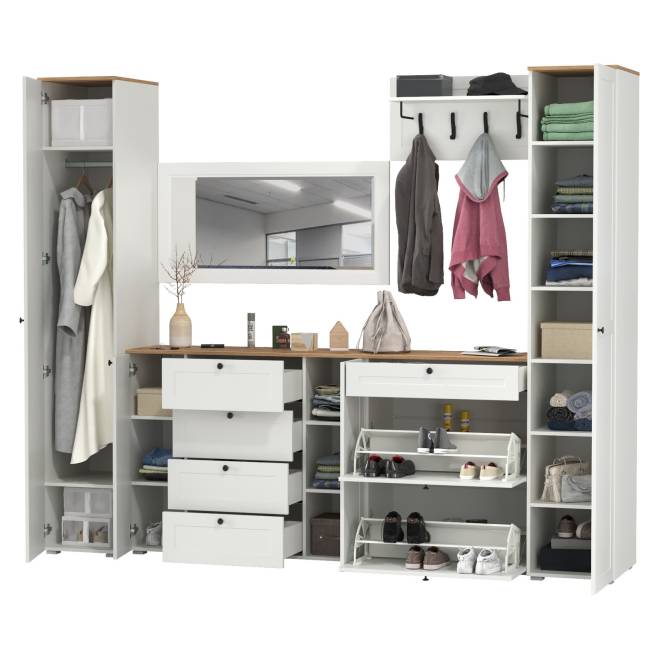 Стенка в прихожую Остин № 58 цвет белый шагрень/дуб крафт золотой Стенка в прихожую Остин № 58 цвет белый шагрень/дуб крафт золотой