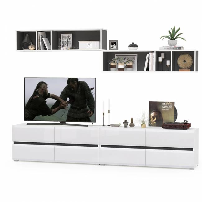 Две ТВ тумбы Сидней с полками цвет белый/чёрный/фасады МДФ белый глянец