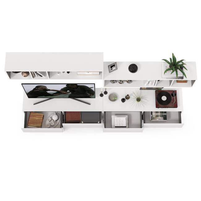 Две ТВ тумбы Сидней с полками цвет белый/чёрный/фасады МДФ белый глянец